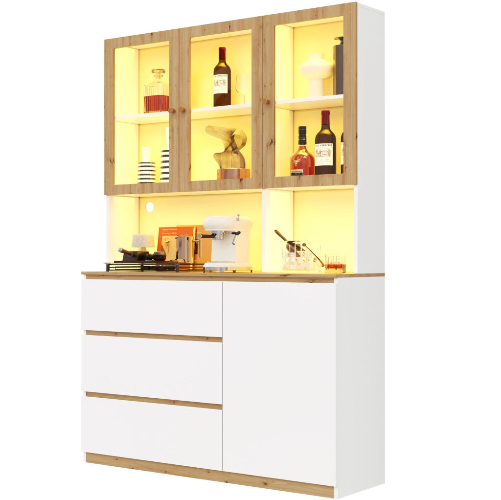 Mobile alto vetrina con LED; 120x200 cm; in MDF bianco ed effetto rovere