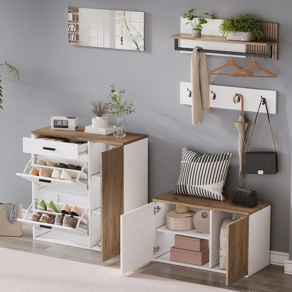 Composizione ingresso 5 pezzi con scarpiera; panca; specchio e 4 ganci; bianco e rovere