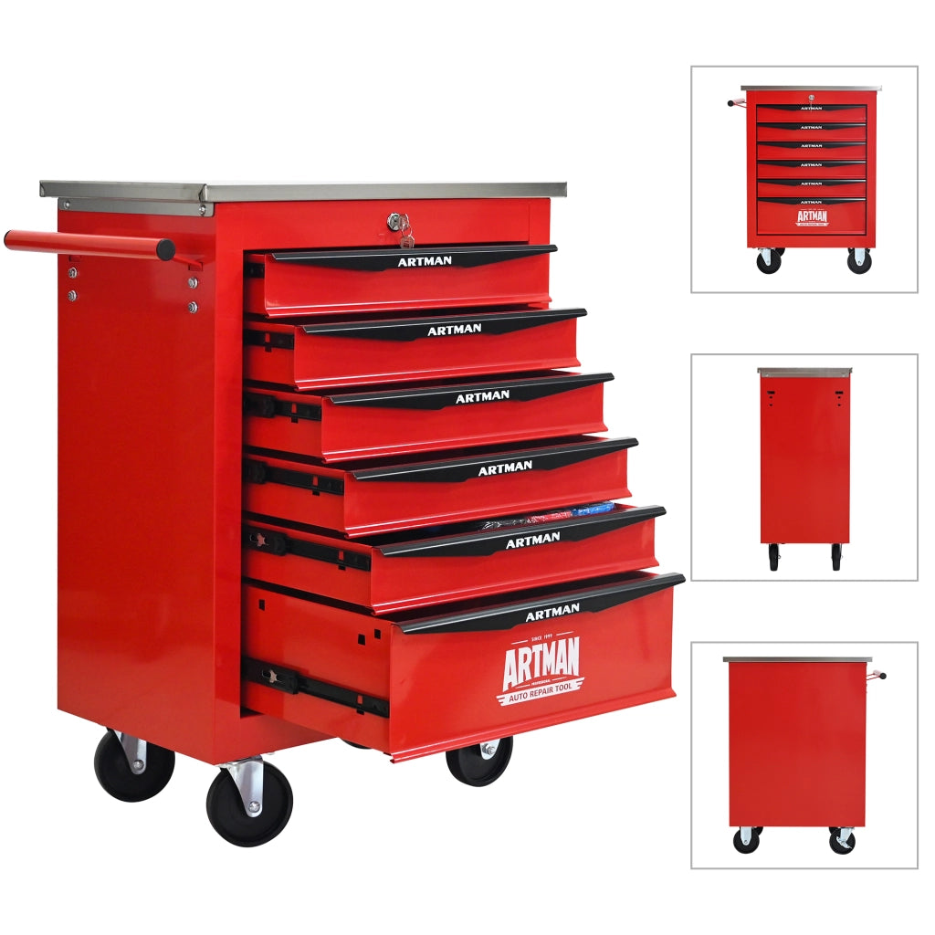 Carrello portautensili con 6 cassetti e ruote, chiudibile, in acciaio, per garage e officina, rosso nero, 62,5 × 34,5 × 78 cm