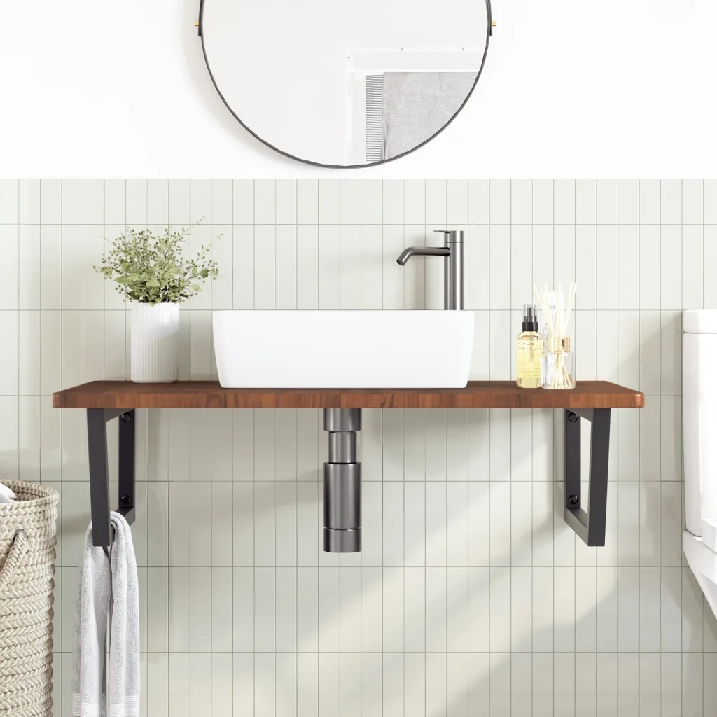 Ripiano a Parete per Lavabo in Acciaio e Massello di Rovere