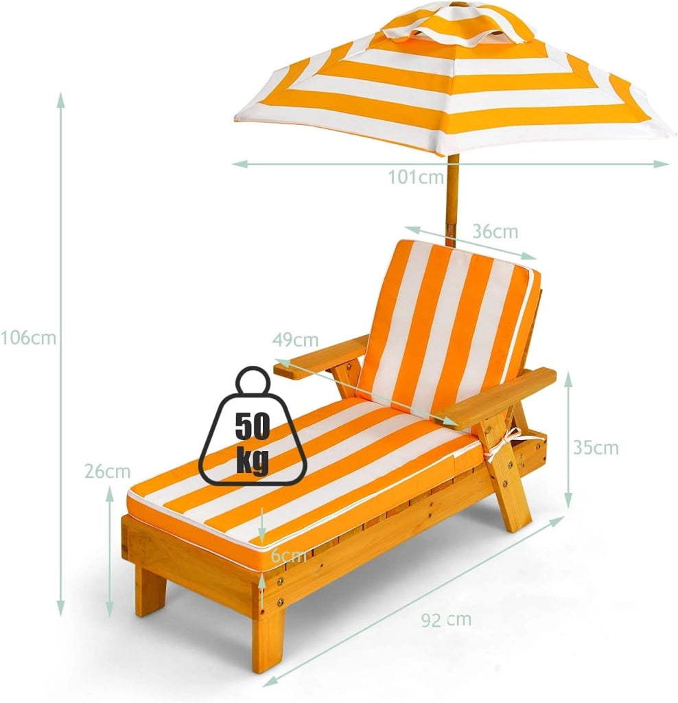 Chaise Longue da Esterno per Bambini, Poltrona di Legno con Ombrellone Smontabile, Sedia Portatile con Cuscino, Ideale per Bambini 3-8 Anni
