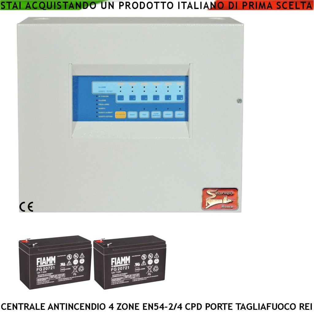 CENTRALE CONVENZIONALE ANTINCENDIO 4 ZONE SUPPORTA 128 SENSORI GESTISCE PORTE REI ALLARME TELEFONICO SIRENE 2 BATTERIE 12 V 7,2 AH