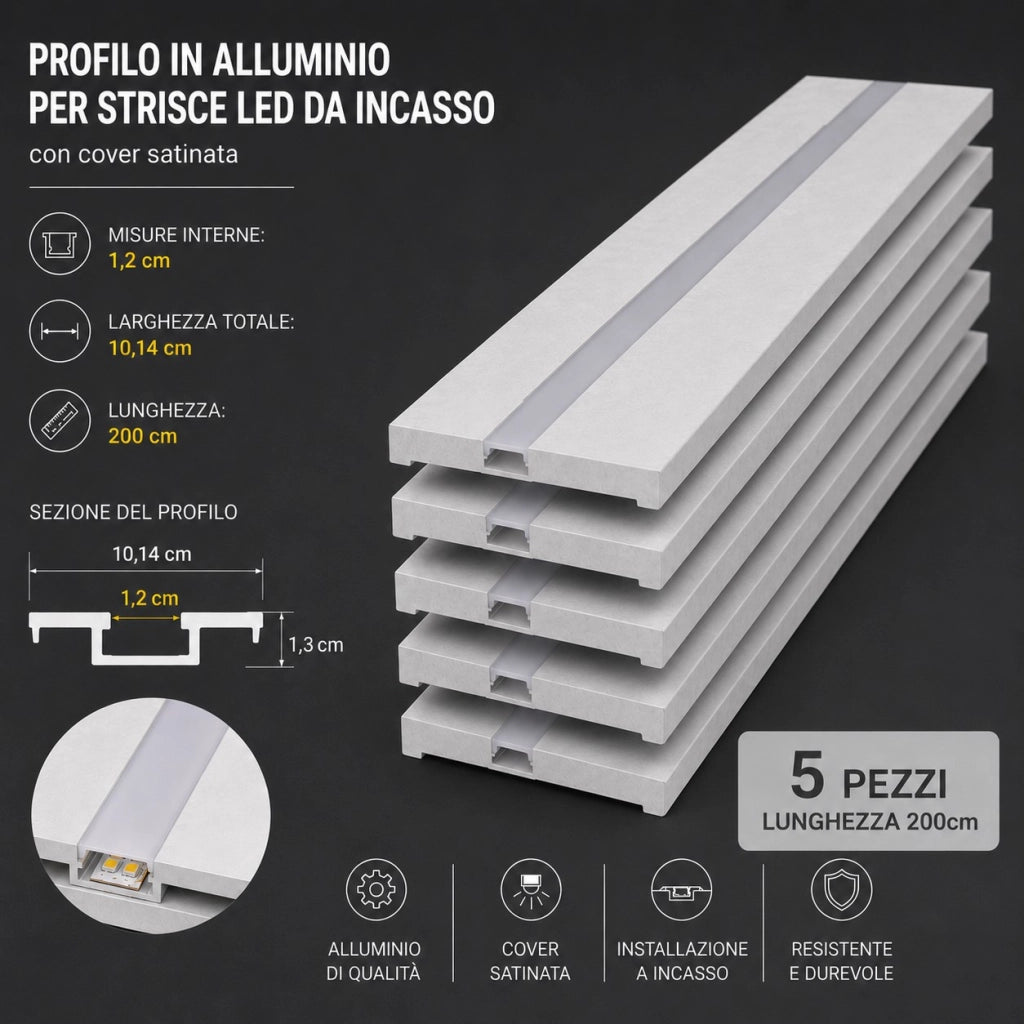 Kit 5 Profili in Alluminio da Incasso per Cartongesso 200 cm con Cover Satinata | Profilo per Strisce LED larghezza interna 12 mm