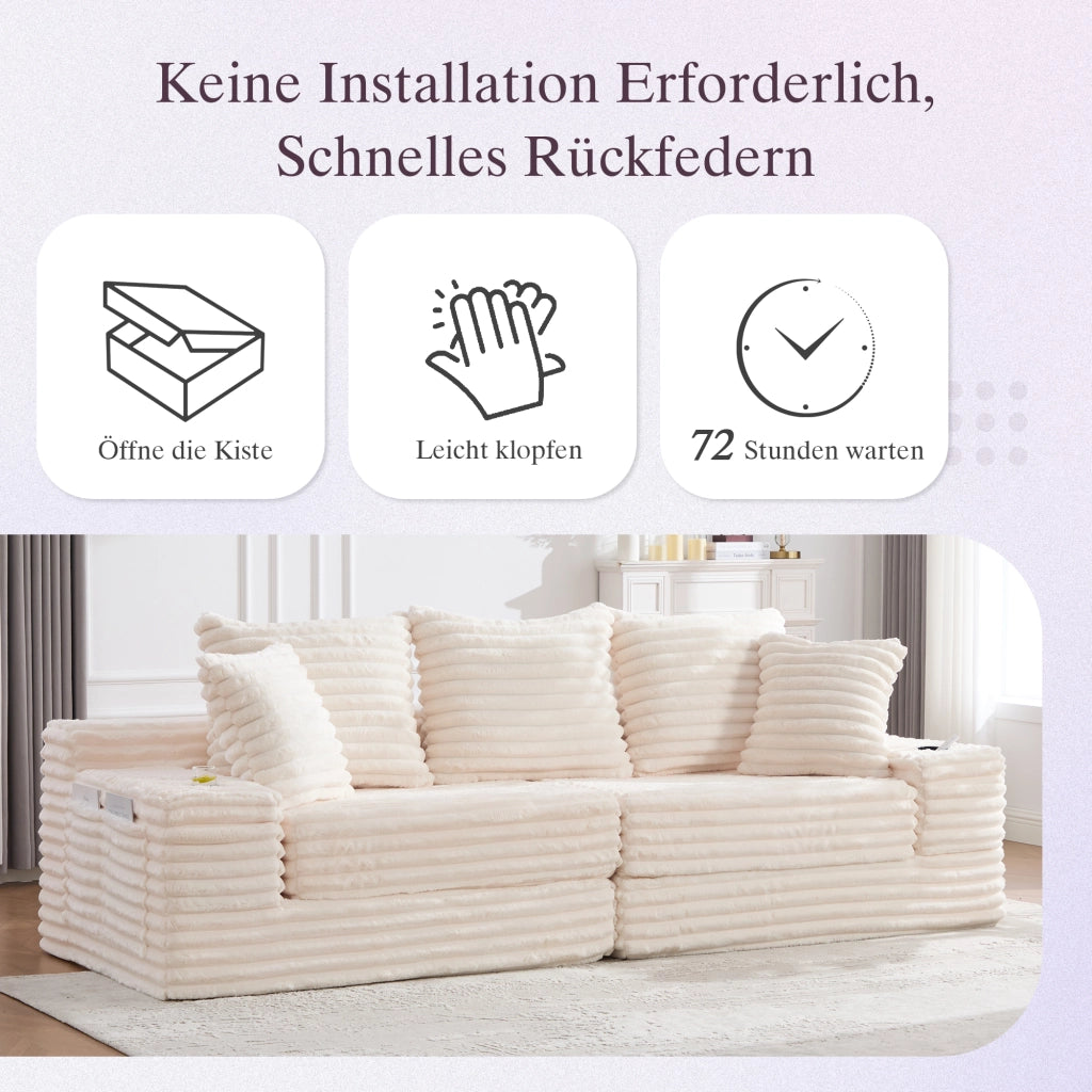 Divano letto con schienale alto tasche laterali e portabicchieri cuscini trasformabile in velluto a coste beige