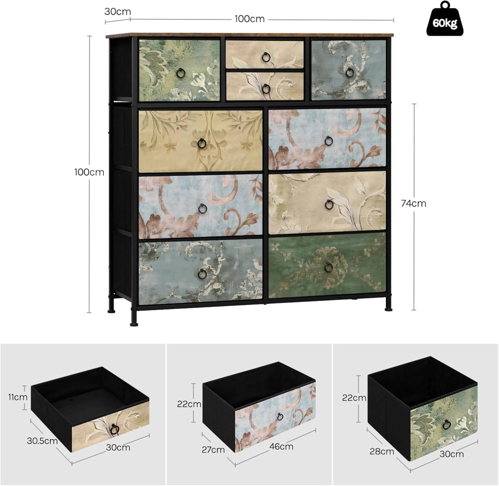 Cassettiera, 10 Cassetti per Camera da Letto/Corridoio/Soggiorno,arrone Rustico e Nero con Motivo Fiore Retrò, Struttura in Metallo, 100x 30x 100cm, SSK009pw