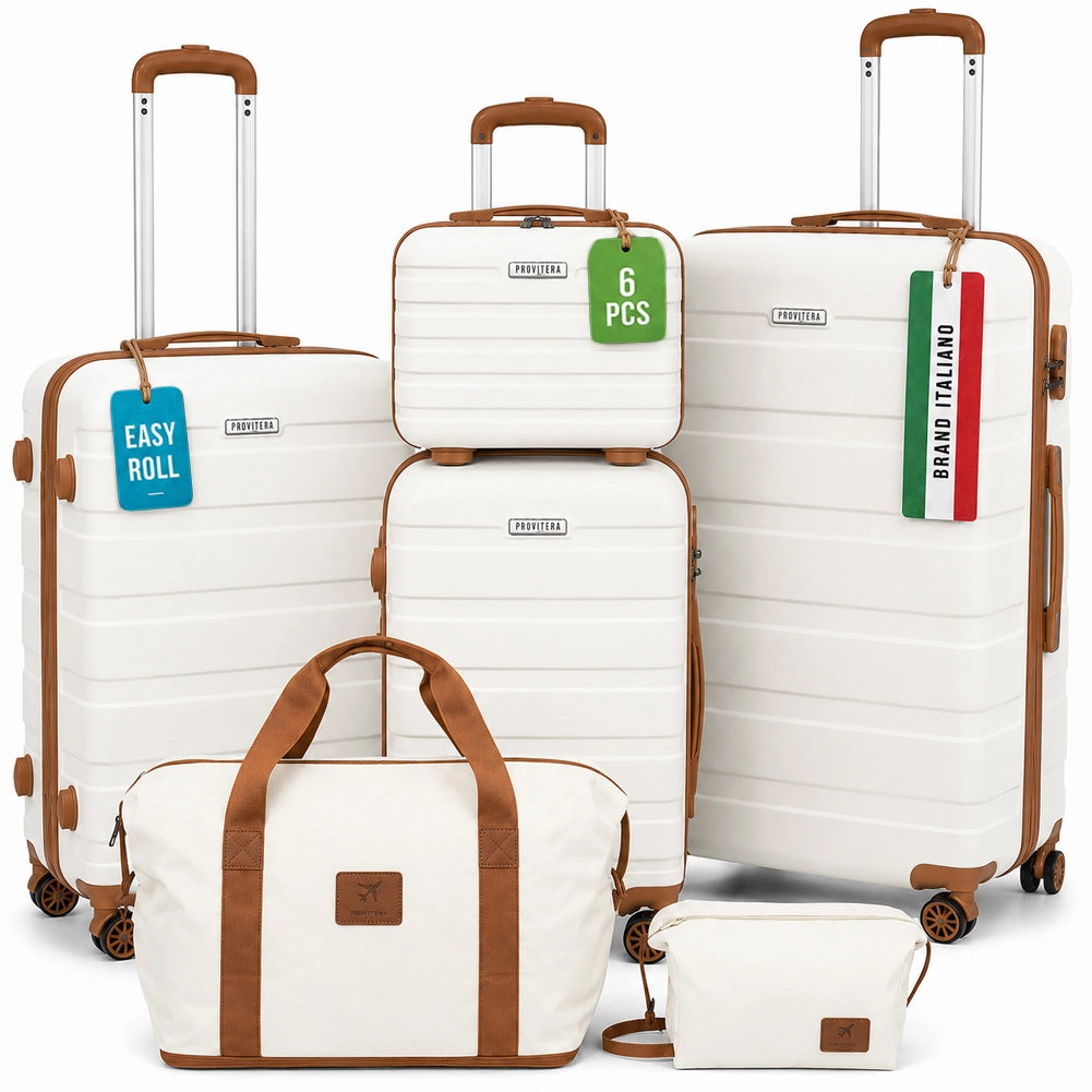 Set 6 Pezzi Valigie Rigide Family in ABS Beauty Case Beige e Marrone 55/66/75 cm
