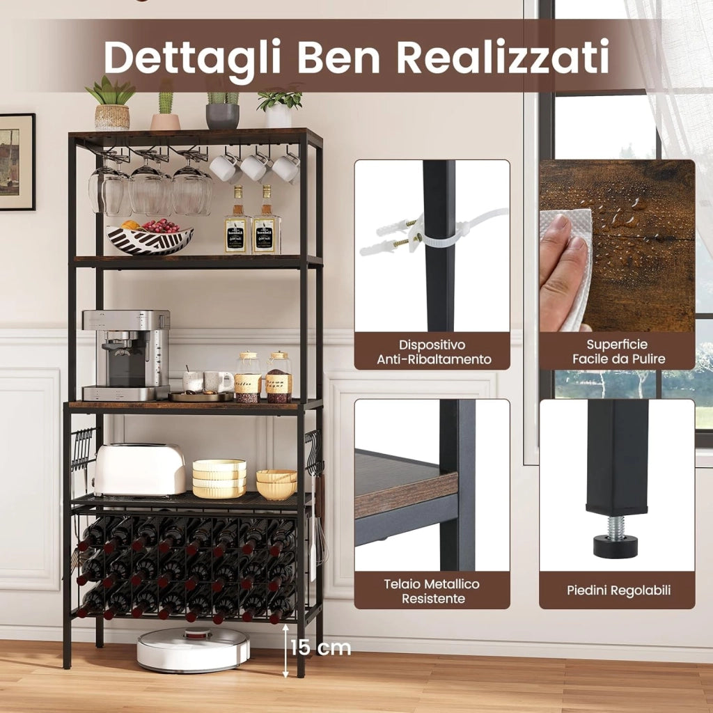 Portabottiglie da Terra per 24 Bottiglie, Cantinetta Portabottiglie Vino con Presa di Corrente, Supporto per Bicchieri, Ganci e 3 Ripiani, per Cucina, Soggiorno e Bar