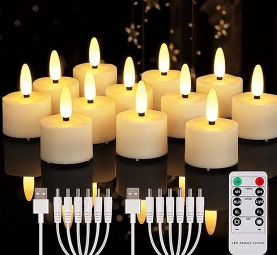 12 Teelichti LED a batterie con telecomando, timer, funzione lampeggiante, luce calda bianca, regolabile, inclusi 2 cavi USB, adatti a Halloween, Natale e decorazione di casa (diametro 4 cm x 5,5 cm)