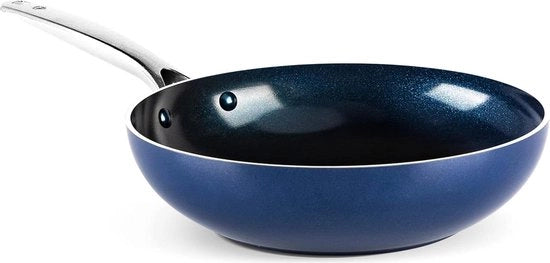 Wok in acciaio inossidabile da 27L - Resistente ai graffi diamantati - Induzione - Resiste al lavastoviglie - Resiste al forno - Blu - 28 cm