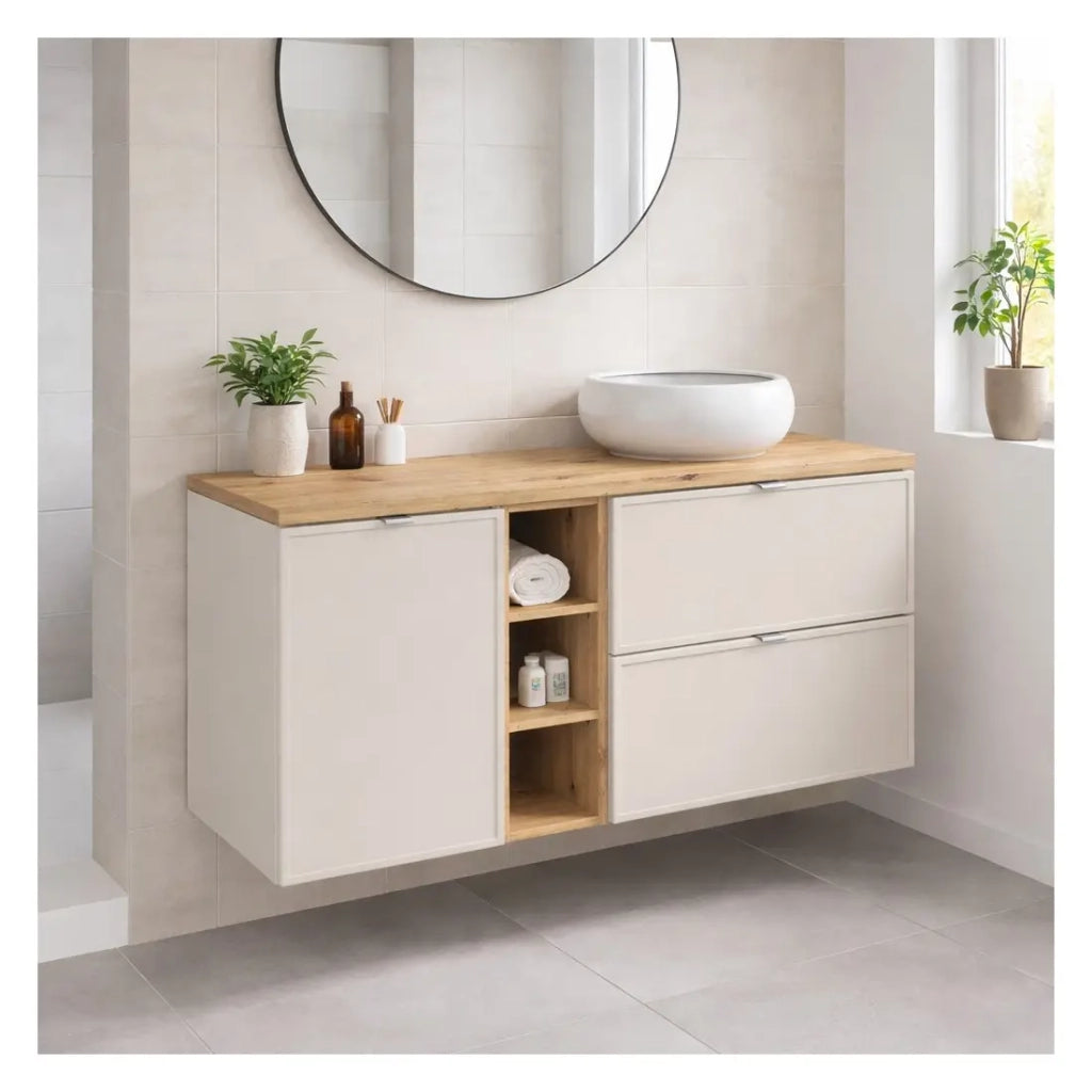 Insieme BRAZZA: mobili sottolavabo con cassetti da 140 cm con cestino per la biancheria e nicchie a vista + piano per lavabo effetto legno