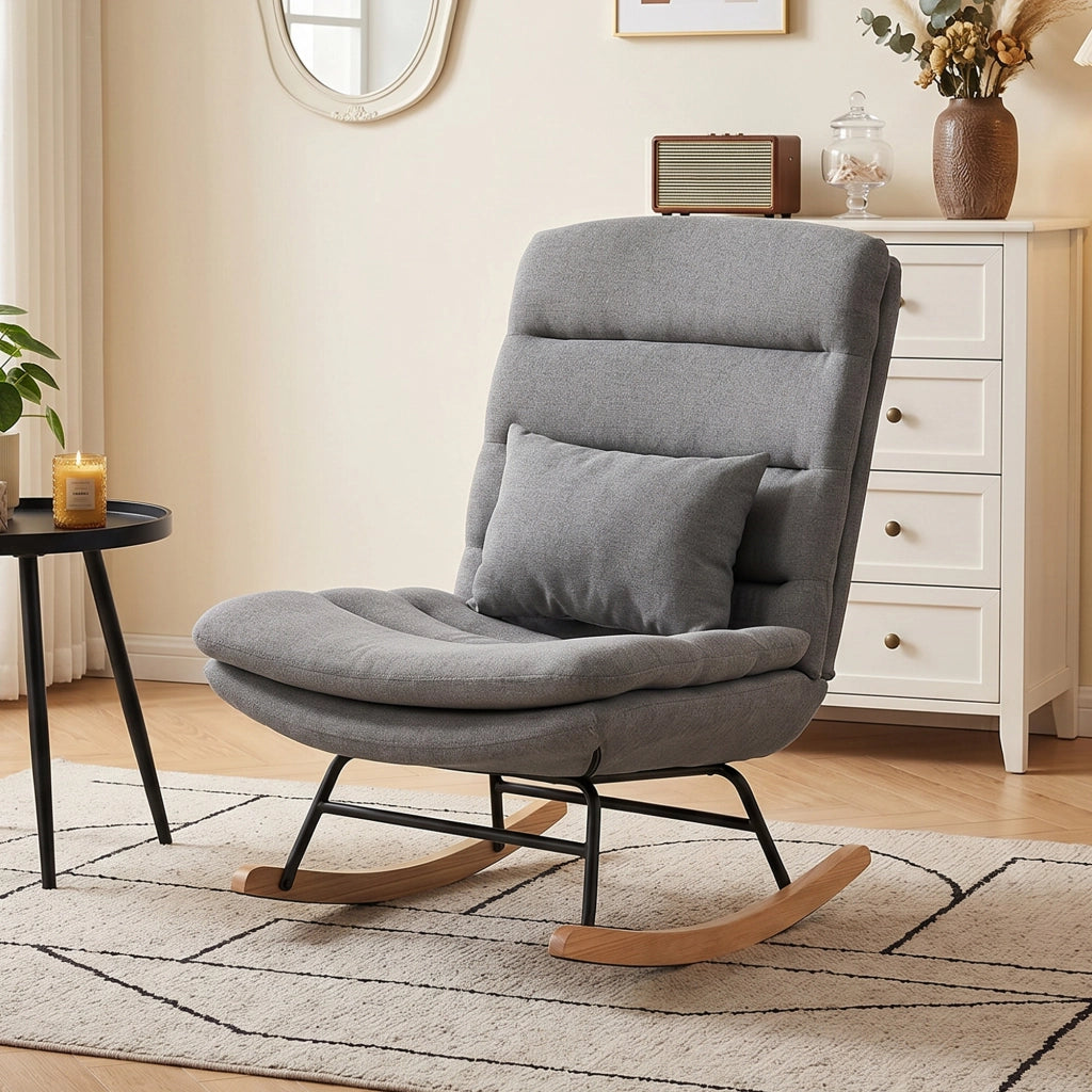 Poltrona a dondolo ¨C Xylo ¨C tessuto effetto lino grigio chiaro con cuscino lombare