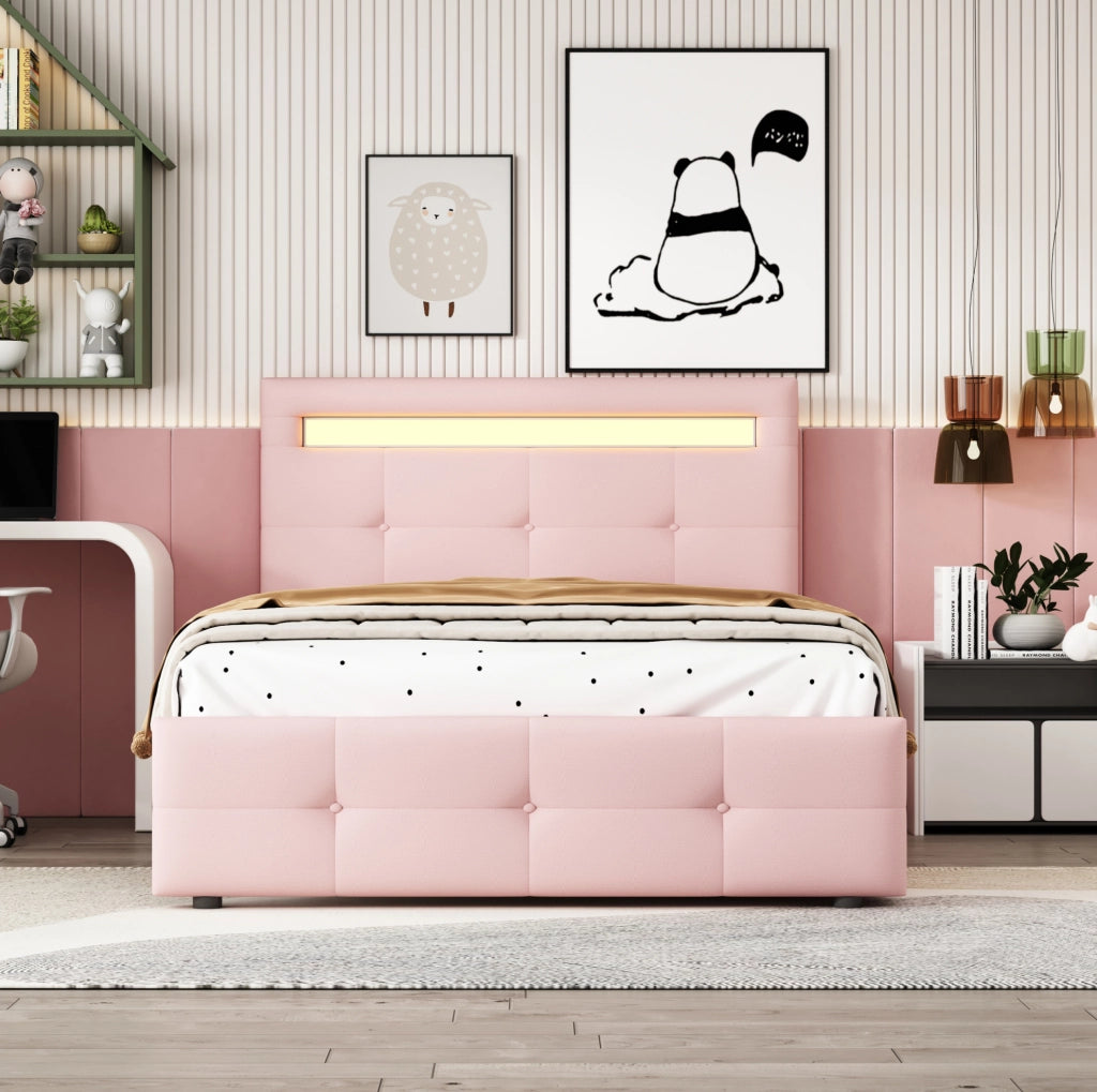 Letto singolo imbottito 90x200 cm con LED e 2 cassetti rosa