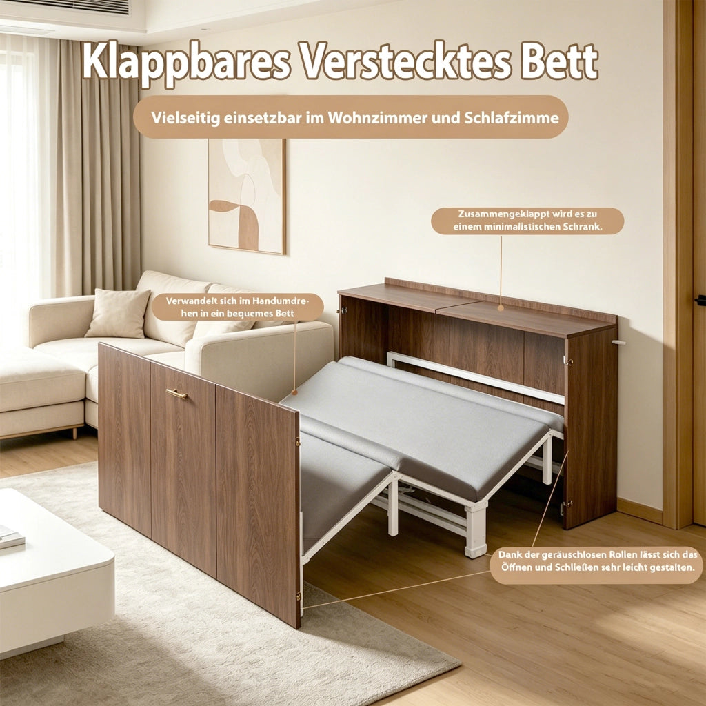 Letto a scomparsa 140 × 200 cm con materasso in lino, struttura in metallo e ruote silenziose, colore legno
