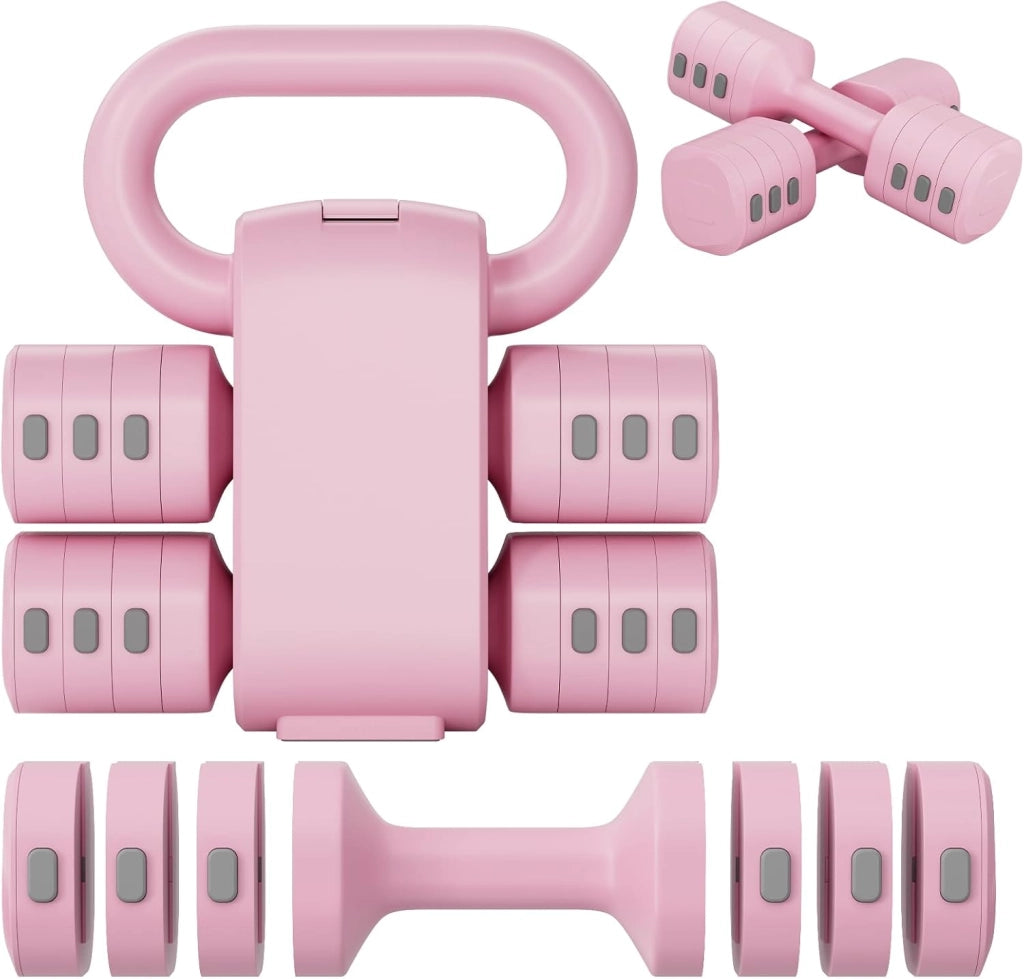 Set di 2 manubri regolabili 2 in 1, per donne e uomini, 4 livelli di peso con adattatore kettlebell, set di manubri per casa (Rosa)