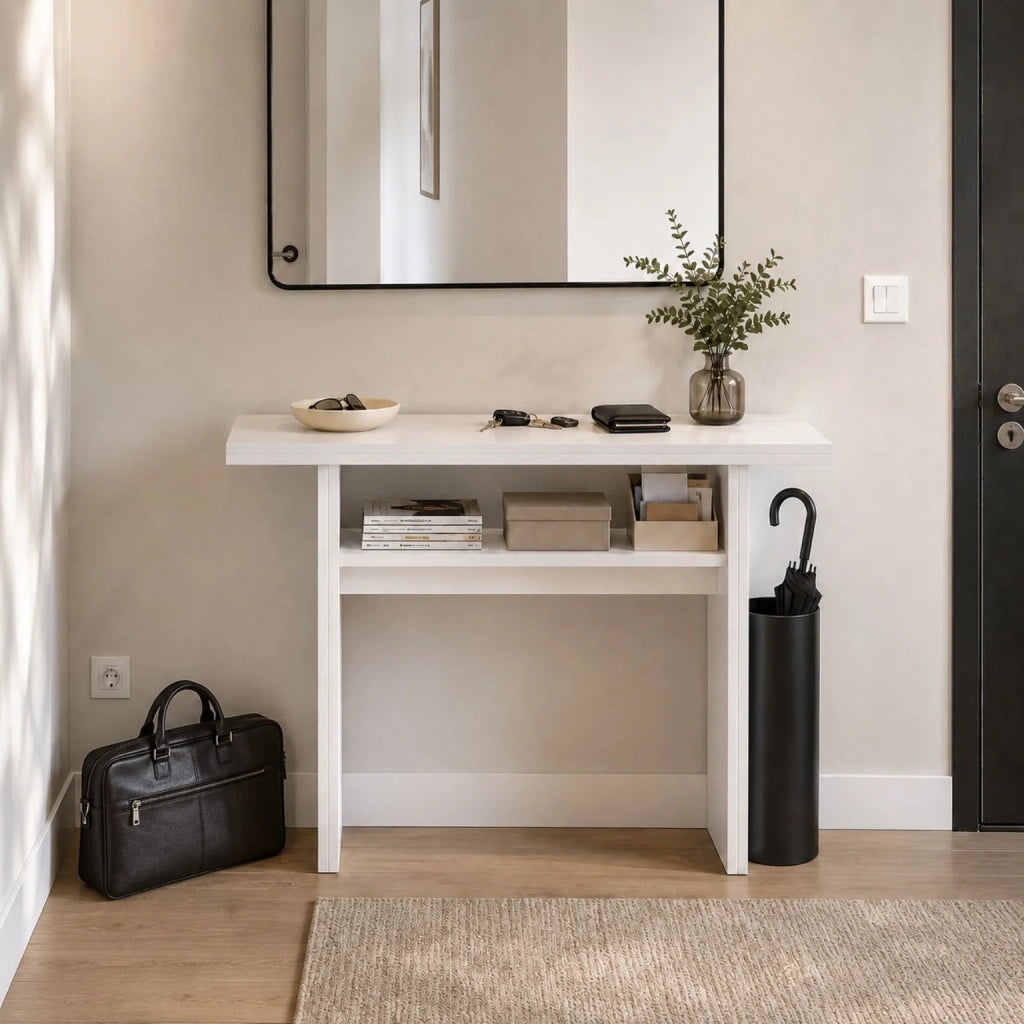 Consolle Allungabile Bianca Salvaspazio | Tavolo Trasformabile a Ribalta con Ripiano Portaoggetti | Tavolo Pieghevole per Cucina, Soggiorno, Ingresso e Sala da Pranzo 120x35/70x76 cm