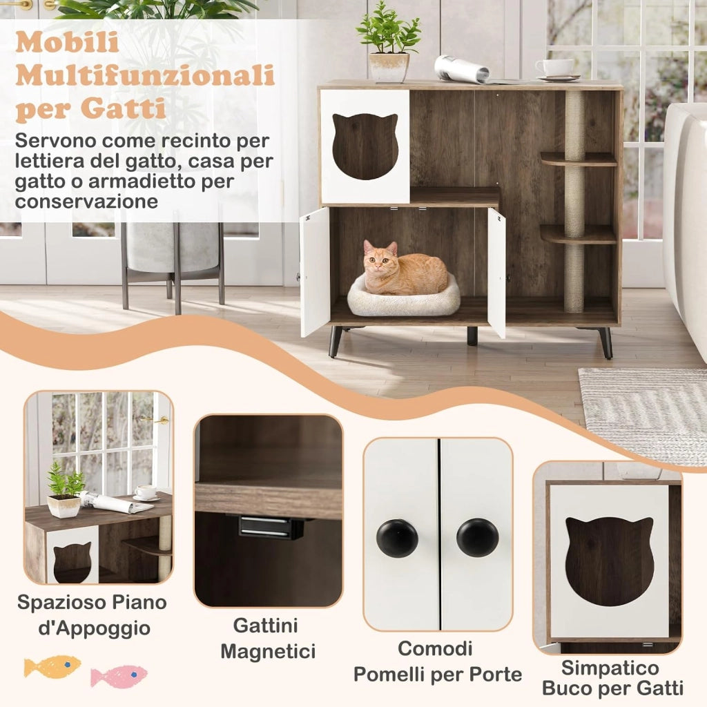 Mobile per Lettiera per Gatti, Cassetta per Gattini con 3 Pali in Sisal per Grattare, Comò per Gattini e 5 Gambe di Supporto in Metallo, Cuccia per Gatti da Interno, 100 x 51 x 91 cm