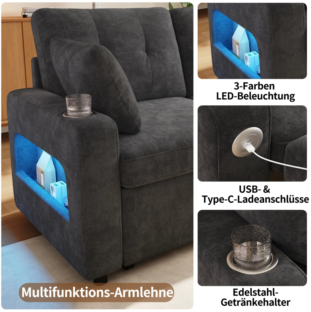 Divano letto estraibile 2 posti con LED; USB e Type-C; portabevande; ciniglia grigio
