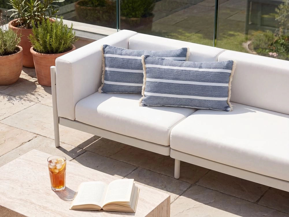 Set di 2 cuscini decorativi da esterno, accessori da giardino, motivo a righe, blu