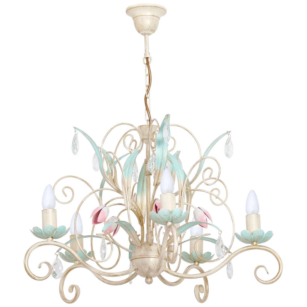 Lampadario Luce 5xE14 crema cristalli floreali Luminex