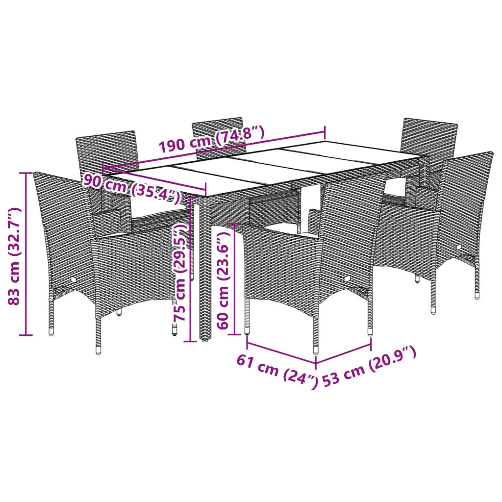 Set Pranzo da Giardino 7pz con Cuscini Marrone Polyrattan Vetro 3278553