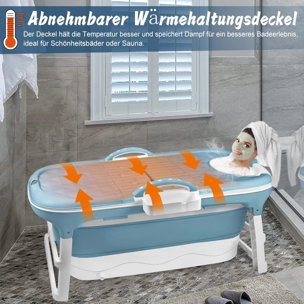Vasca da bagno pieghevole per adulti, 118 x 60 x 53 cm, con copertura e cestino, mobile pieghevole, autoportante per bagno, doccia e balcone, blu