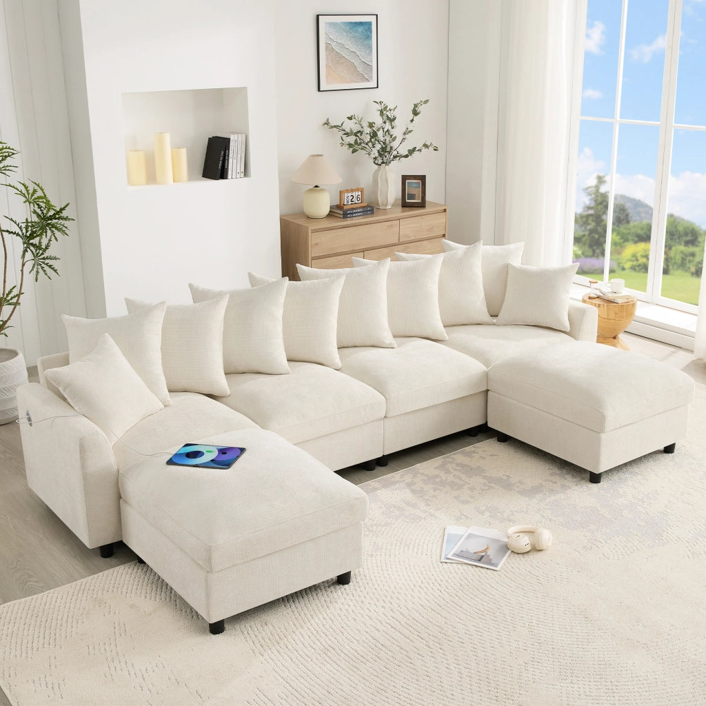 Divano angolare modulare a U o L 6 posti con porte USB e Type-C 8 cuscini e 2 pouf in chenille beige