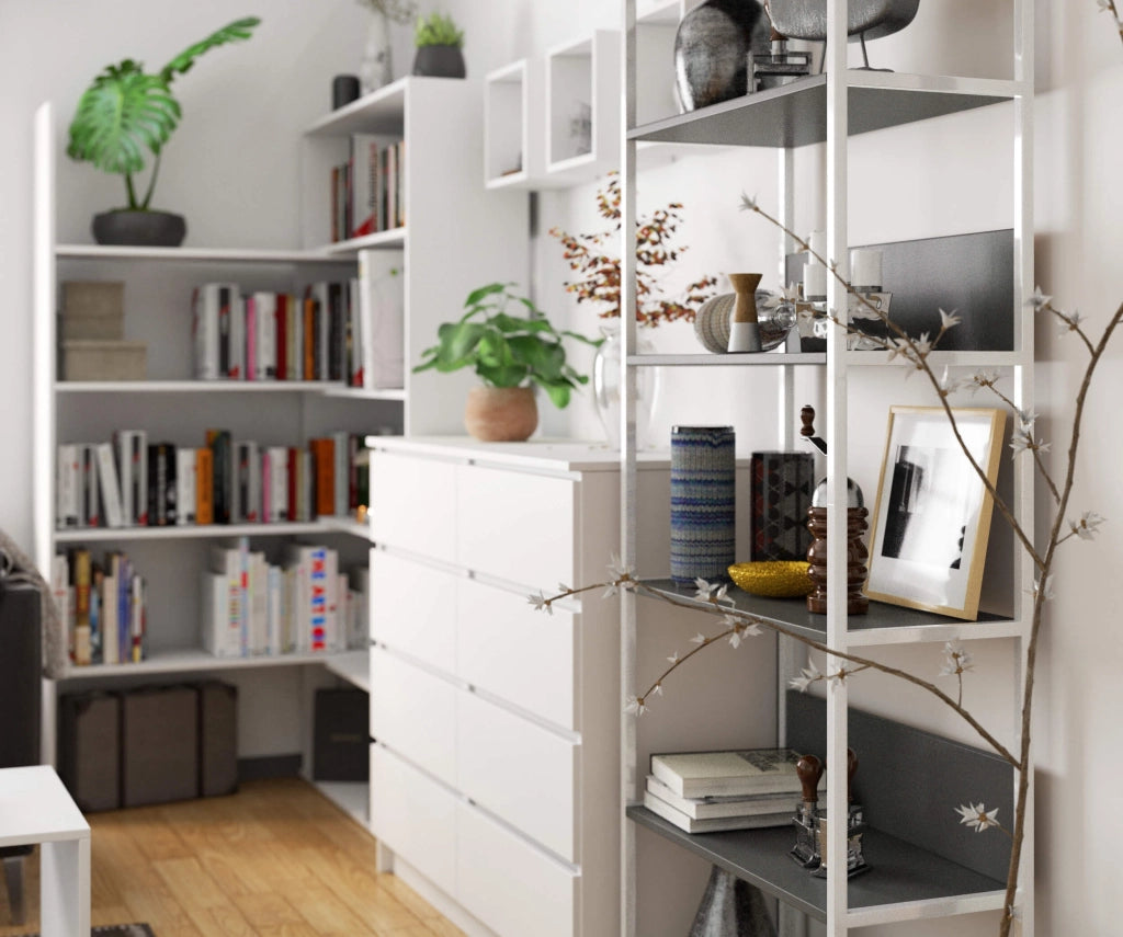 Scaffale stilo loft con ripiani in legno 70 cm Bianca 70 cm inserto frontale Grigio 70x32x192 cm