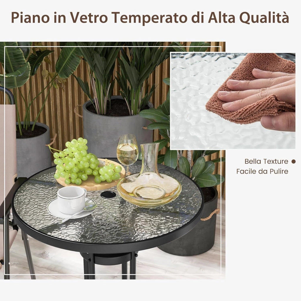 Set Mobili da Giardino 3 Pezzi in Metallo, Tavolo in Vetro e 2 Sedie Pieghevoli, Tavolo da Giardino con Sedie, per Giardino, Portico, Balcone (Senza Ombrello)