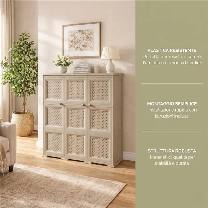ARMADIO 3 ANTE TRAFIATO TAUPE 118X43X125 CM CON PUNTALI – MOBILE CONTENITORE ALTO SALVASPAZIO PER ZONA GIORNO E VERANDA