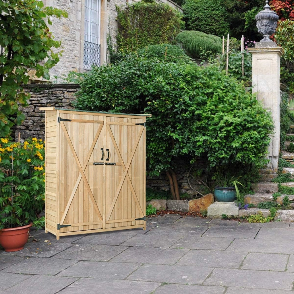 Armadio da giardino in legno, 140 x 50 x 162 cm, con 2 ripiani e 1 armadio, resistente alle intemperie, con ante bloccabili, armadietto degli attrezzi per terrazza, balcone