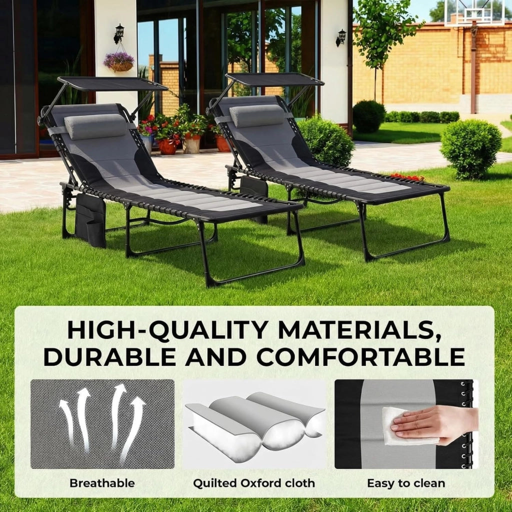 200 × 66 cm sdraio pieghevole con tetto, sedia a sdraio imbottita con schienale regolabile in 5 posizioni, lettino da giardino extra grande fino a 150 kg, pieghevole per balcone, campeggio