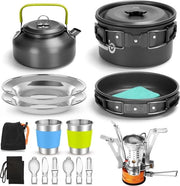 Set di Cucina da Campeggio - Piatte Tazze da Tè Leggero Antiaderente Fornello - Cucchiai di Acciaio Inossidabile Piatti Forchette Coltelli - per il Campeggio