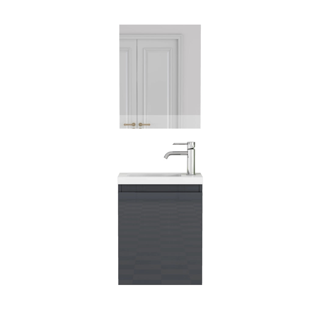 Mobile bagno con lavabo in ceramica e specchio; sospeso; senza maniglie con chiusura ammortizzata; in MDF; grigio