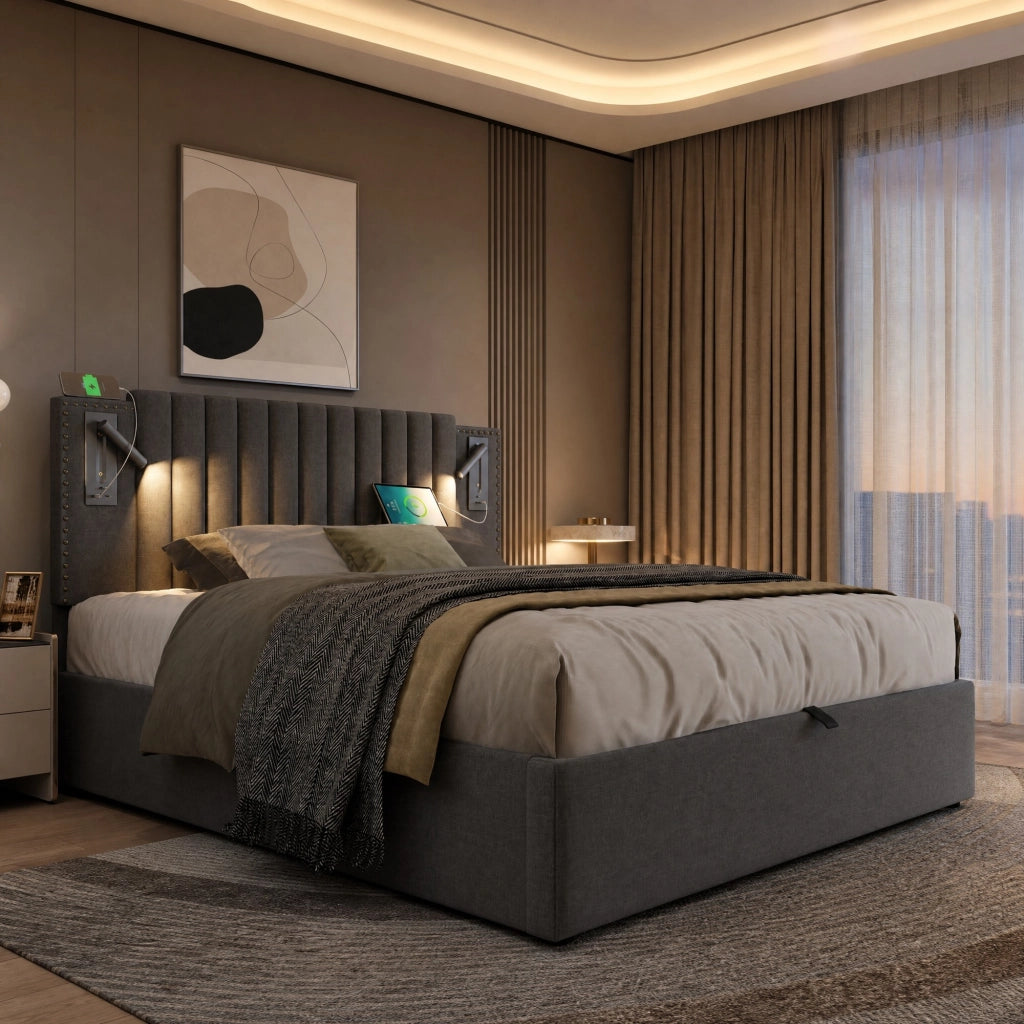 Letto matrimoniale 160x200 cm con contenitore, luci LED e USB-C
