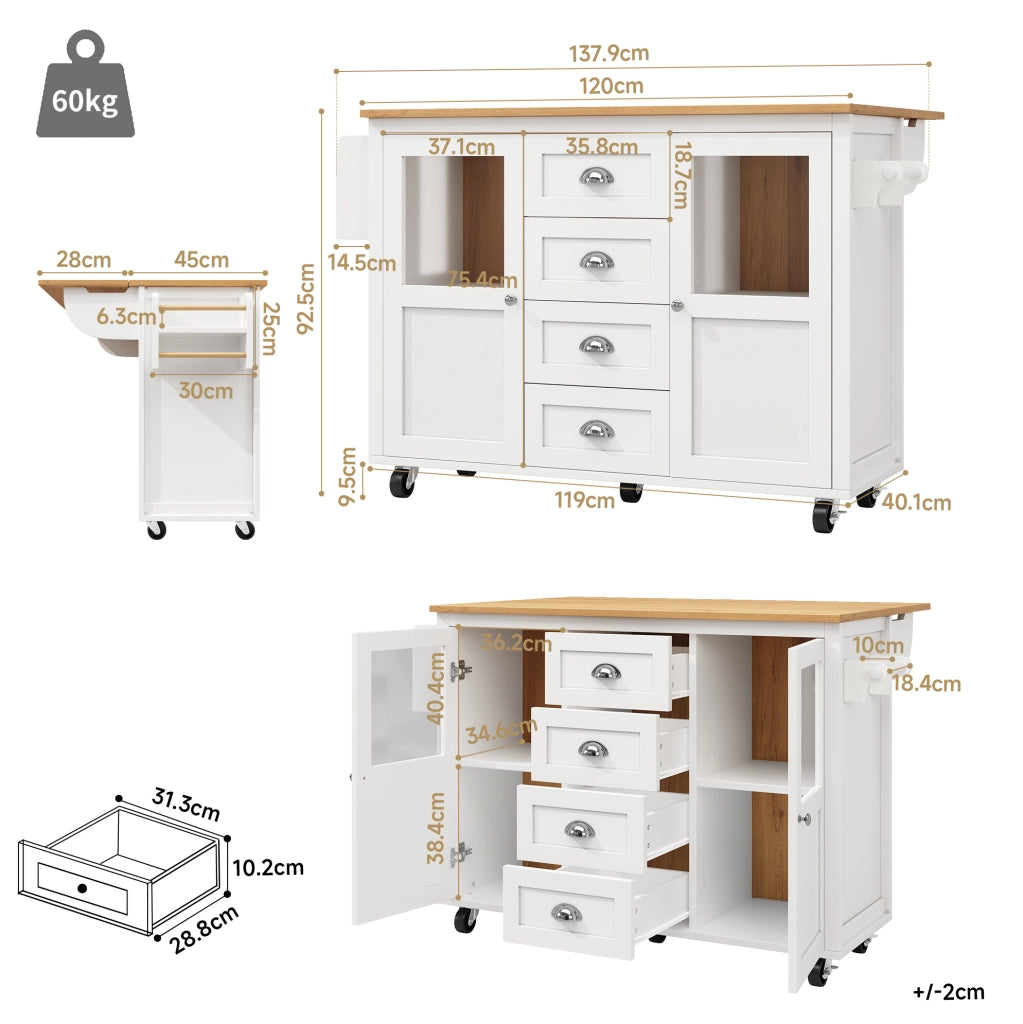 Isola da cucina 137.9x73x92.5 cm con piano pieghevole e ruote in MDF e metallo bianco