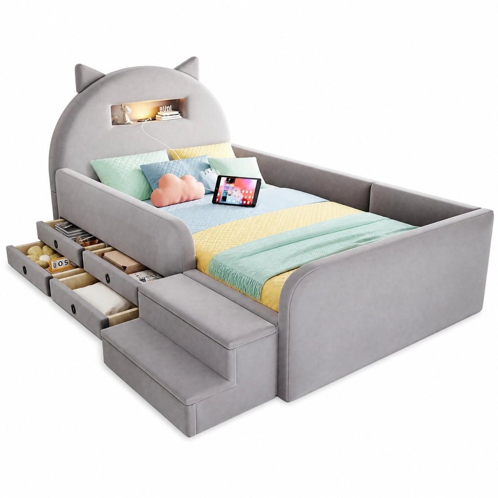 Letto imbottito per bambini 90x200 cm in velluto grigio chiaro con testiera a orecchie; USB; luce e cassetti