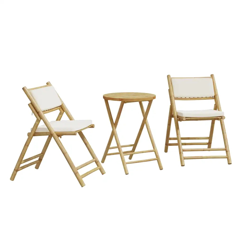 Set da Bistrot Pieghevole 3 pz | Set Salotto da Giardino Cuscini Bianco Crema in Bamb¨´