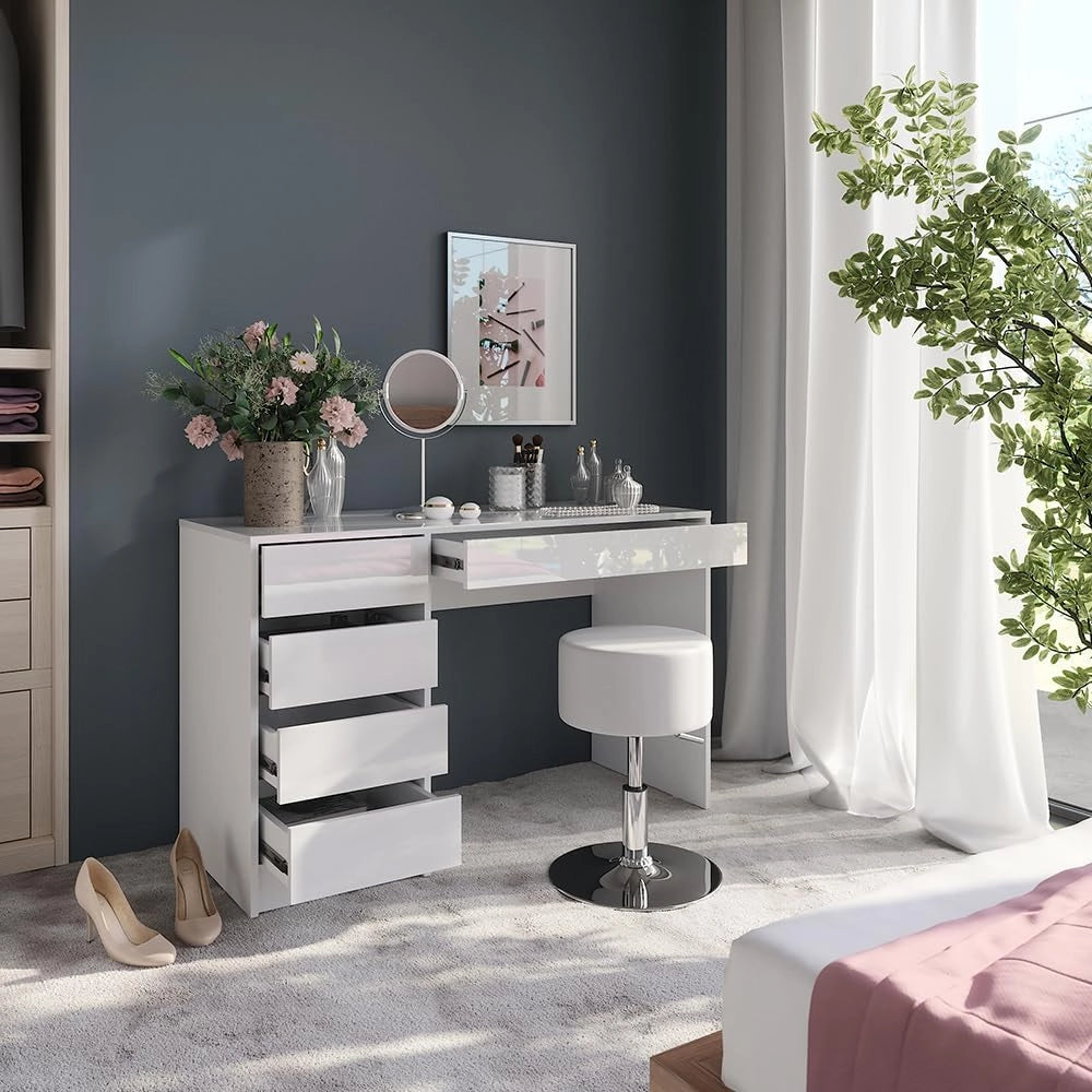Tavolo da toeletta Sherry, Bianco/bianco lucido, 119.8 cm con sgabello