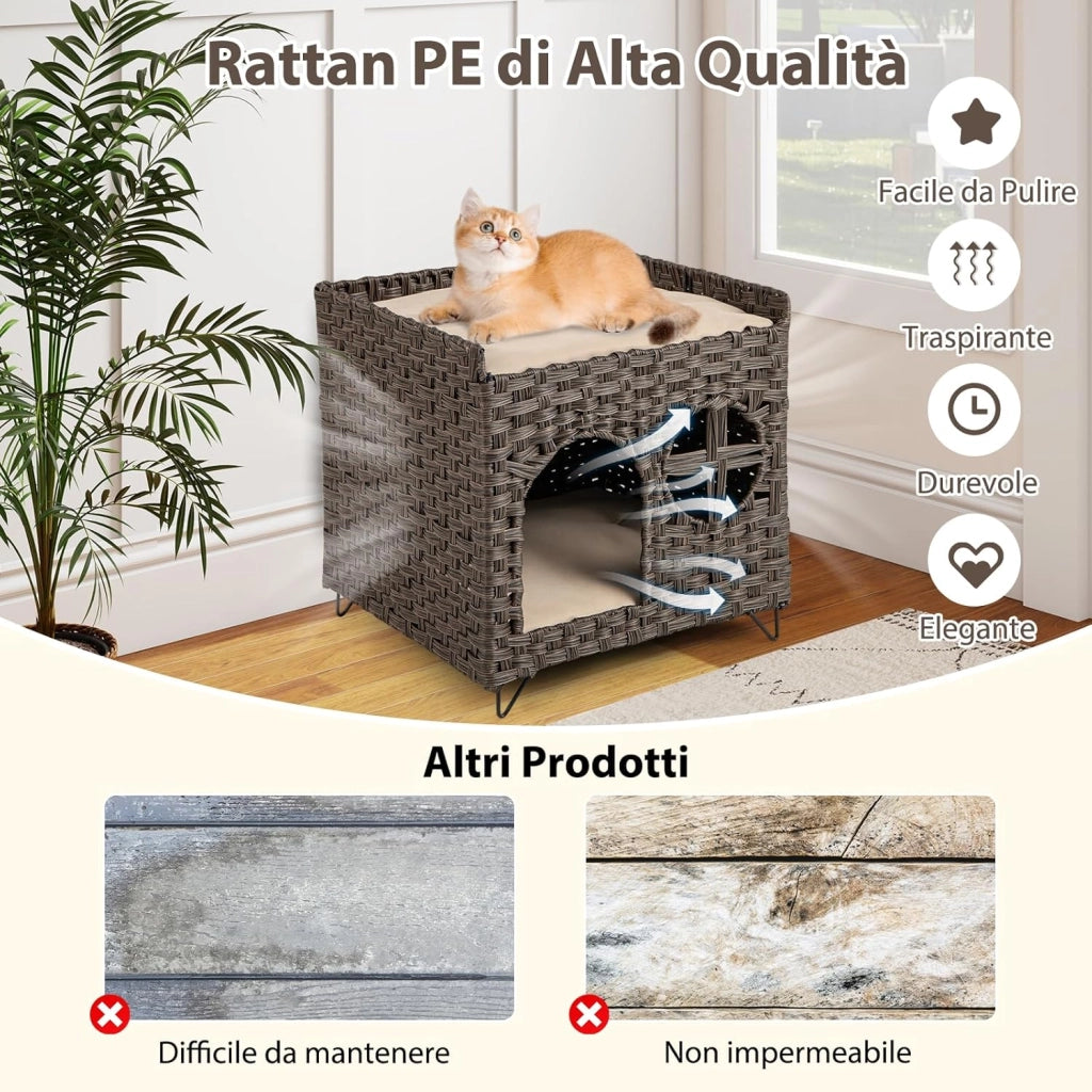 Casetta per Gatti in Rattan 50,5 x 45 x 50 cm, Cuccia a 2 Piani per Gatti con 2 Cuscini, Letto per Animali Domestici per Camera da Letto e Soggiorno