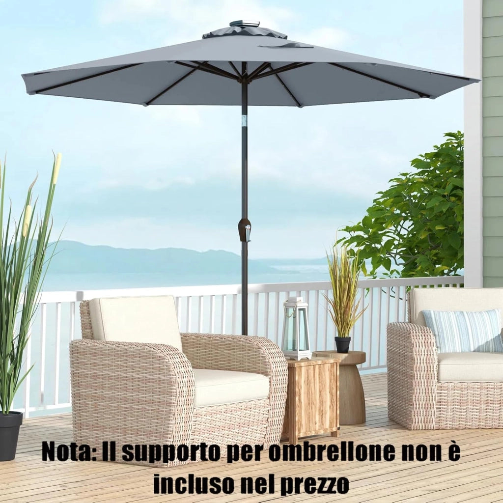 Ombrellone da Giardino da 300 cm, Parasole per Esterno con 24 Luci LED, con 8 Stecche in Metallo, Manovella e Inclinazione Regolabile, per Giardino, Coltile, Piscina (Grigio)