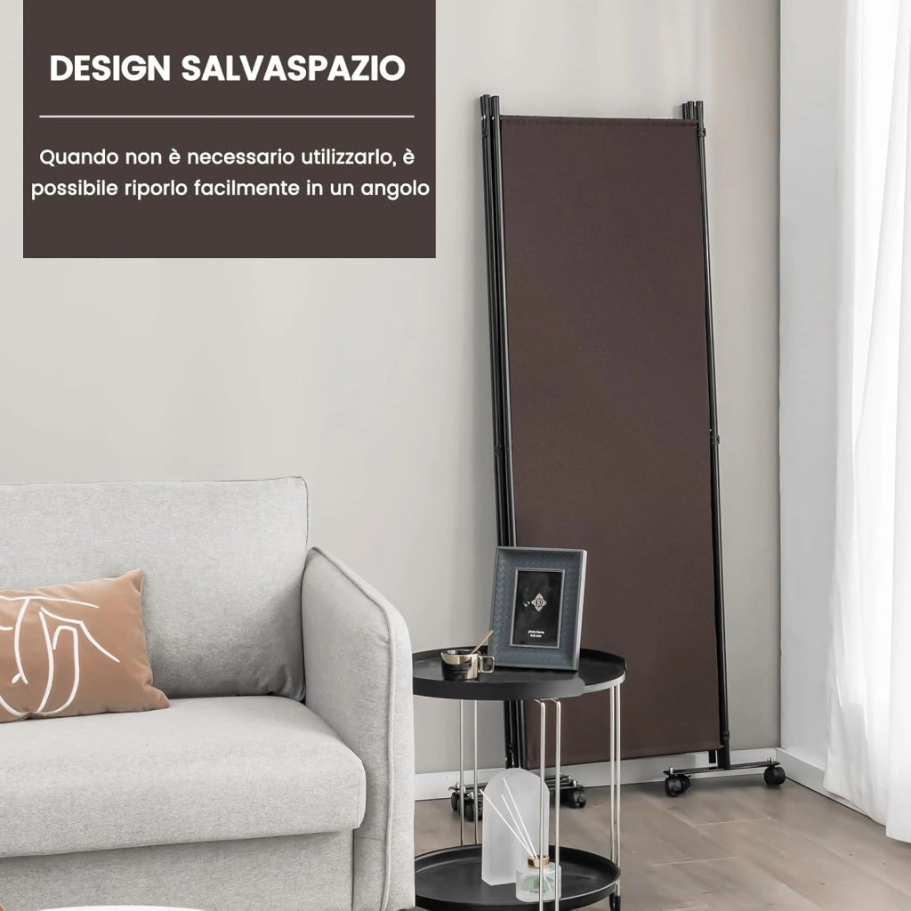 Separé Divisorio Interno 3/4/6 Ante, Paravento da Esterno ed Interno con Piedini, Pannelli Divisori per Ufficio, Salotto e Camera da Letto, Marrone, 225 x 173 cm, 4 Pannelli con ruote