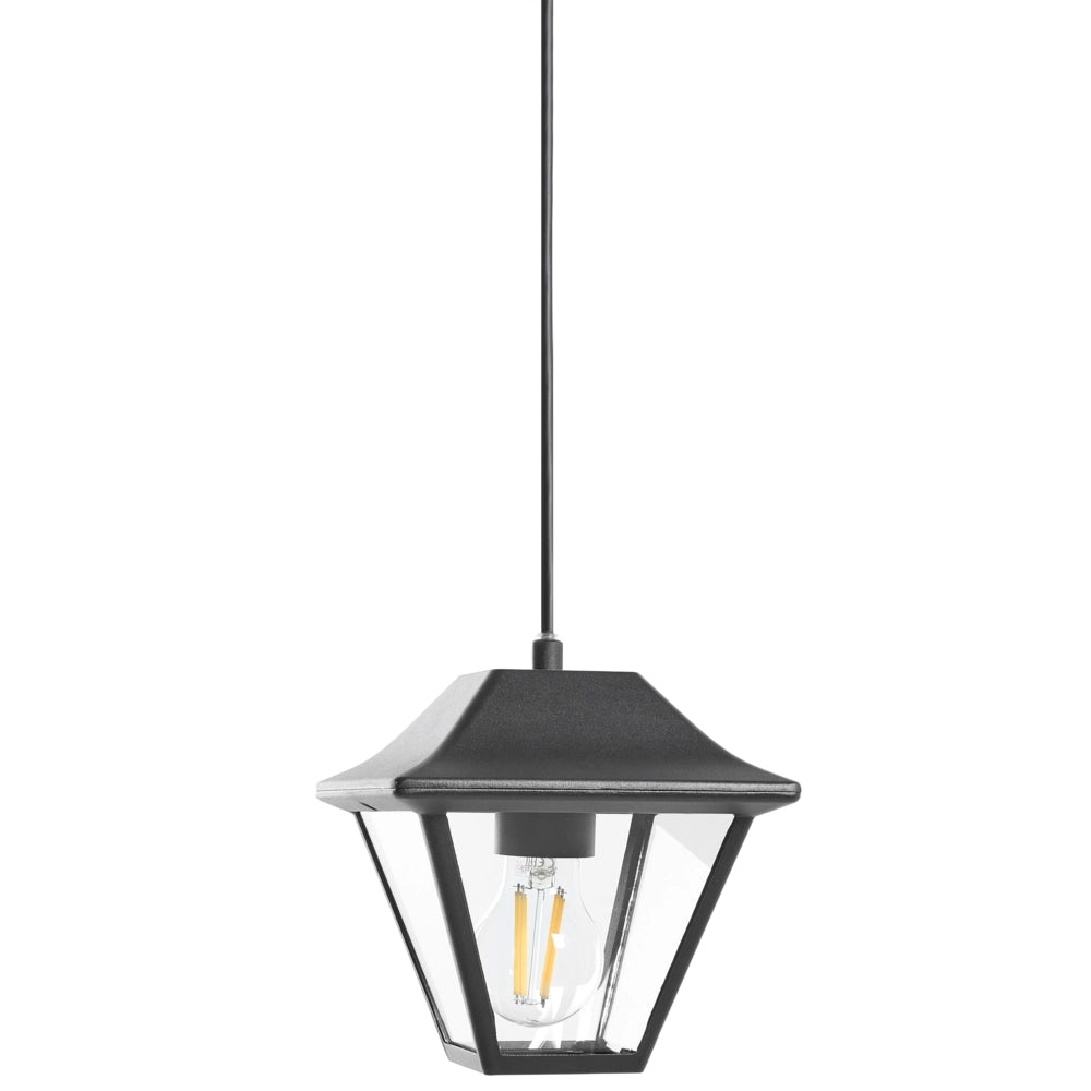 Lampada a sospensione da esterno per l'illuminazione e la decorazione del giardino, struttura in alluminio opaco, paralume in vetro, nera