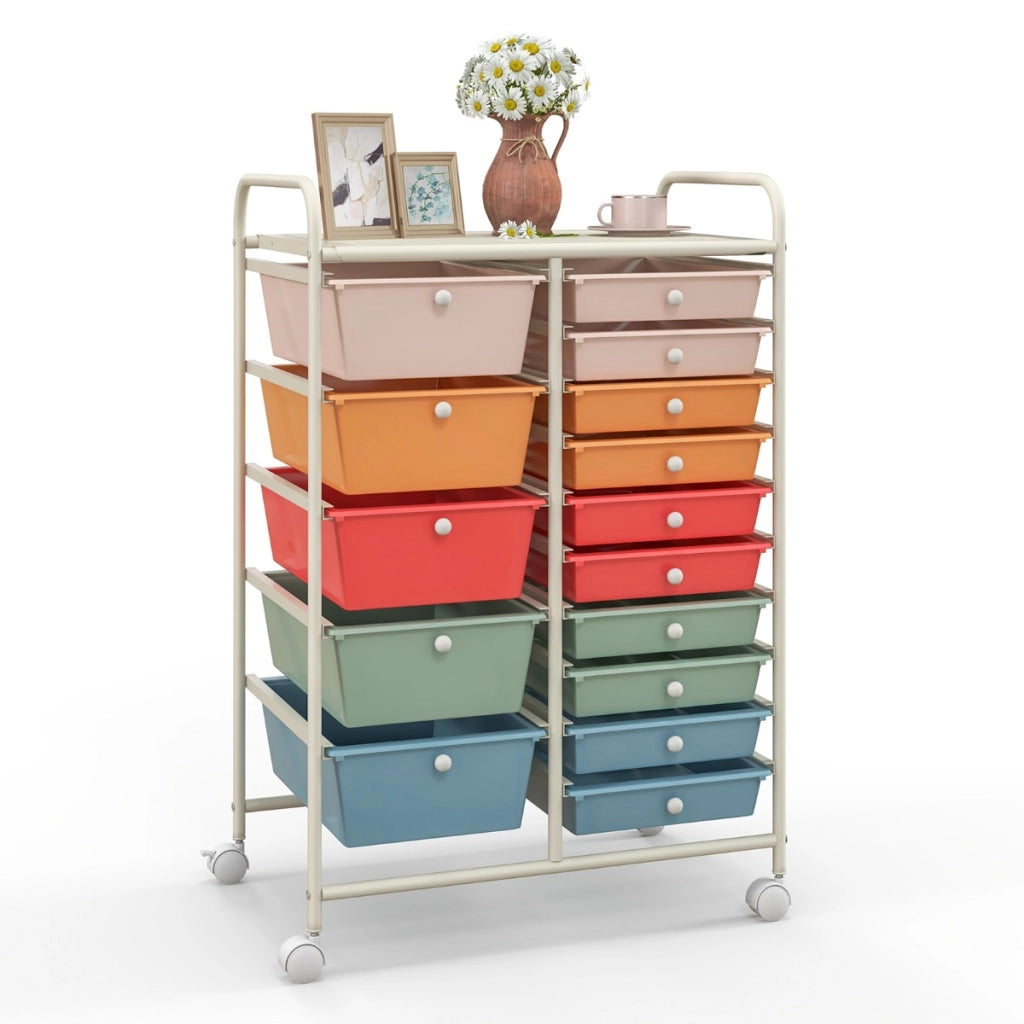 Carrello con 15 cassetti estraibili e ruote con freno-Scaffale-Carrello multiuso per casa ufficio scuola Colorato 2
