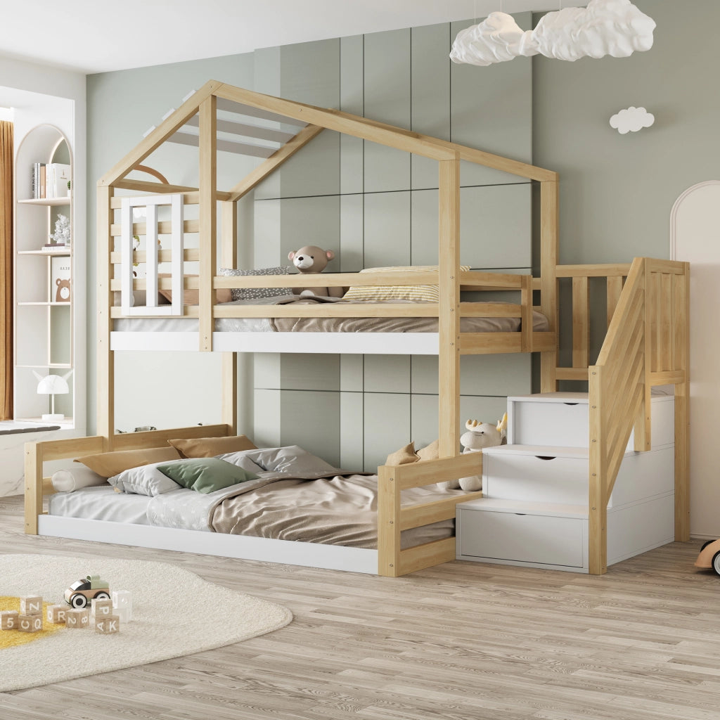 LETTO A CASTELLO 90x200 cm in pino e MDF naturale con scala contenitore