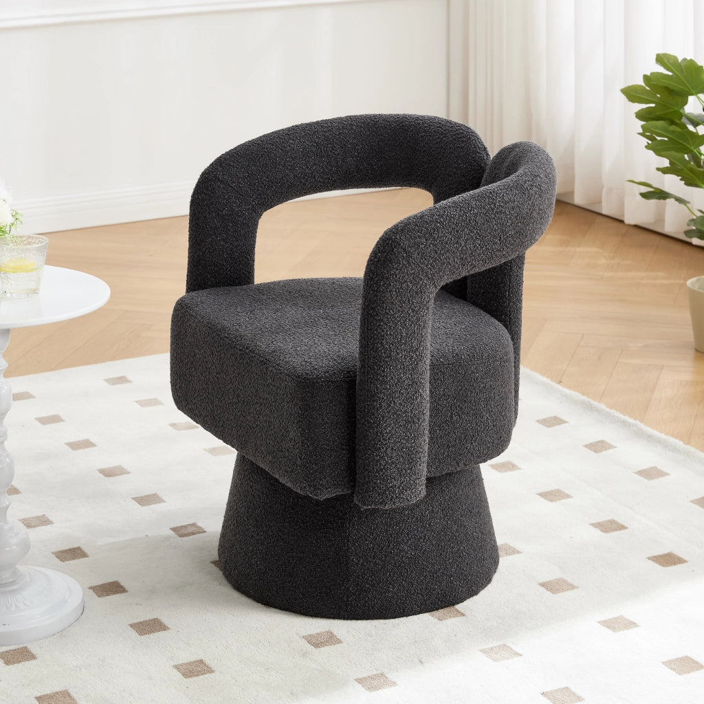 Poltrona girevole 360° in bouclé grigio scuro, con braccioli arrotondati e base in metallo