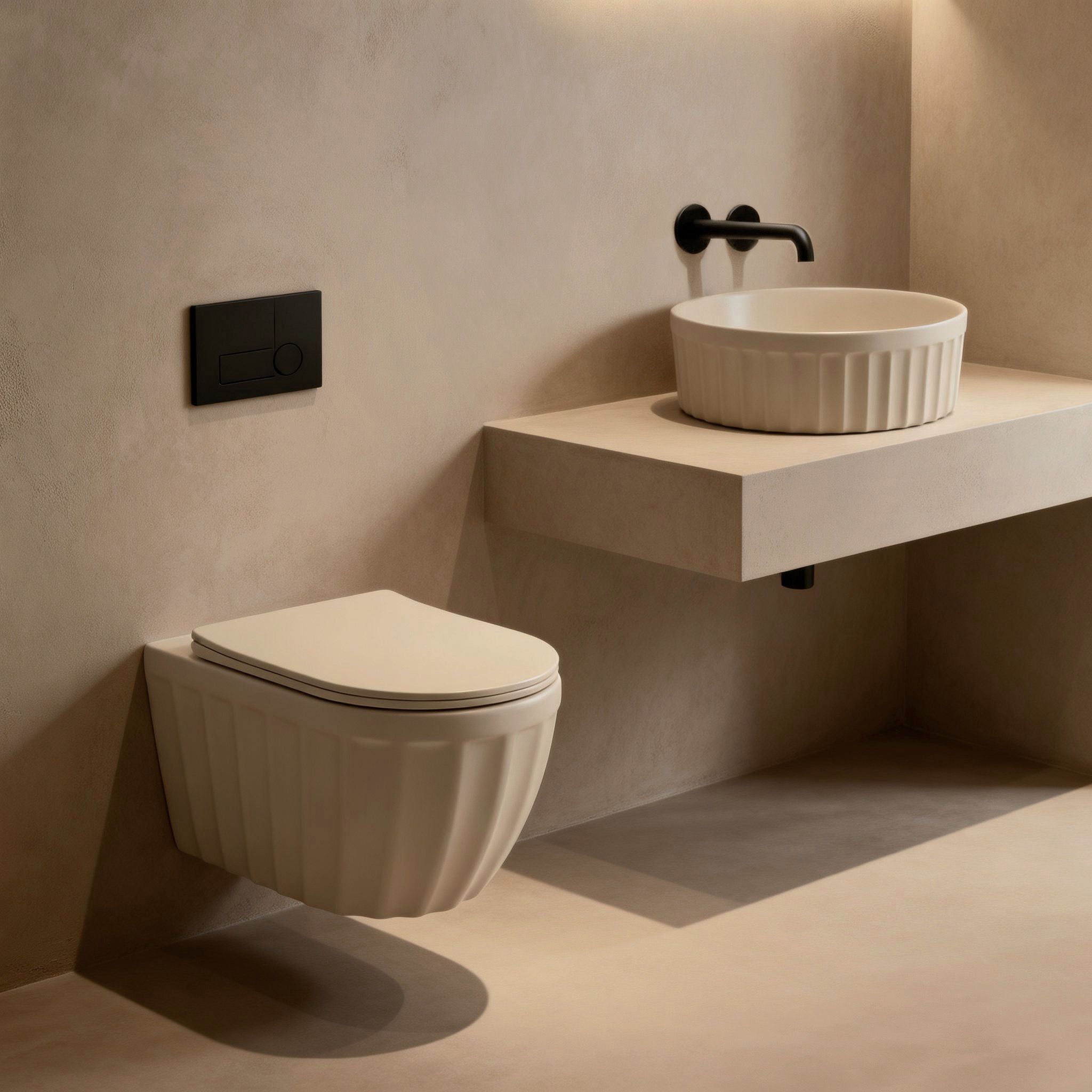 Set: Wc Sospeso + Lavabo Da Appoggio Rea Duo Caffe Latte Matt
