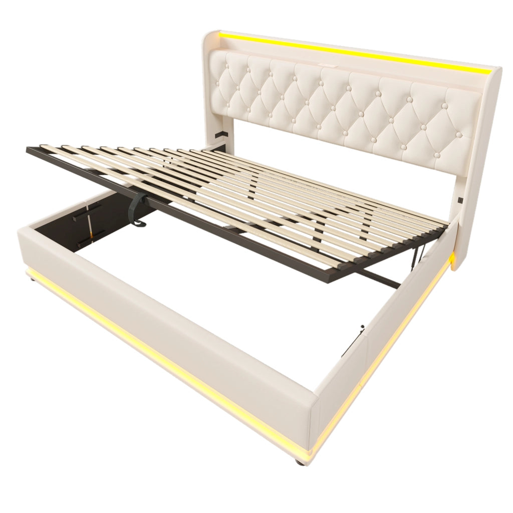 Letto Matrimoniale Imbottito con LED e Contenitore Idraulico ¨C MINIMAL ¨C Bianco, 180x200 cm