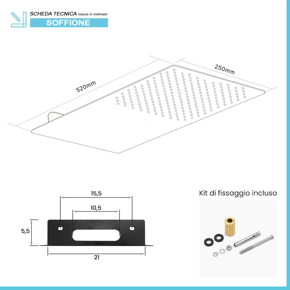 Soffione doccia a sbalzo slim 25x52 cm nero opaco in acciaio inox