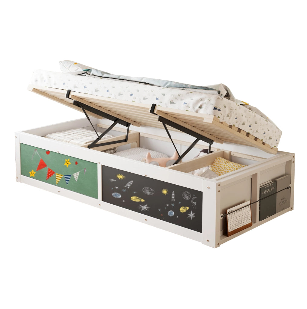 Letto per bambini 90x200 cm con contenitore idraulico; lavagna e pannello in feltro bianco