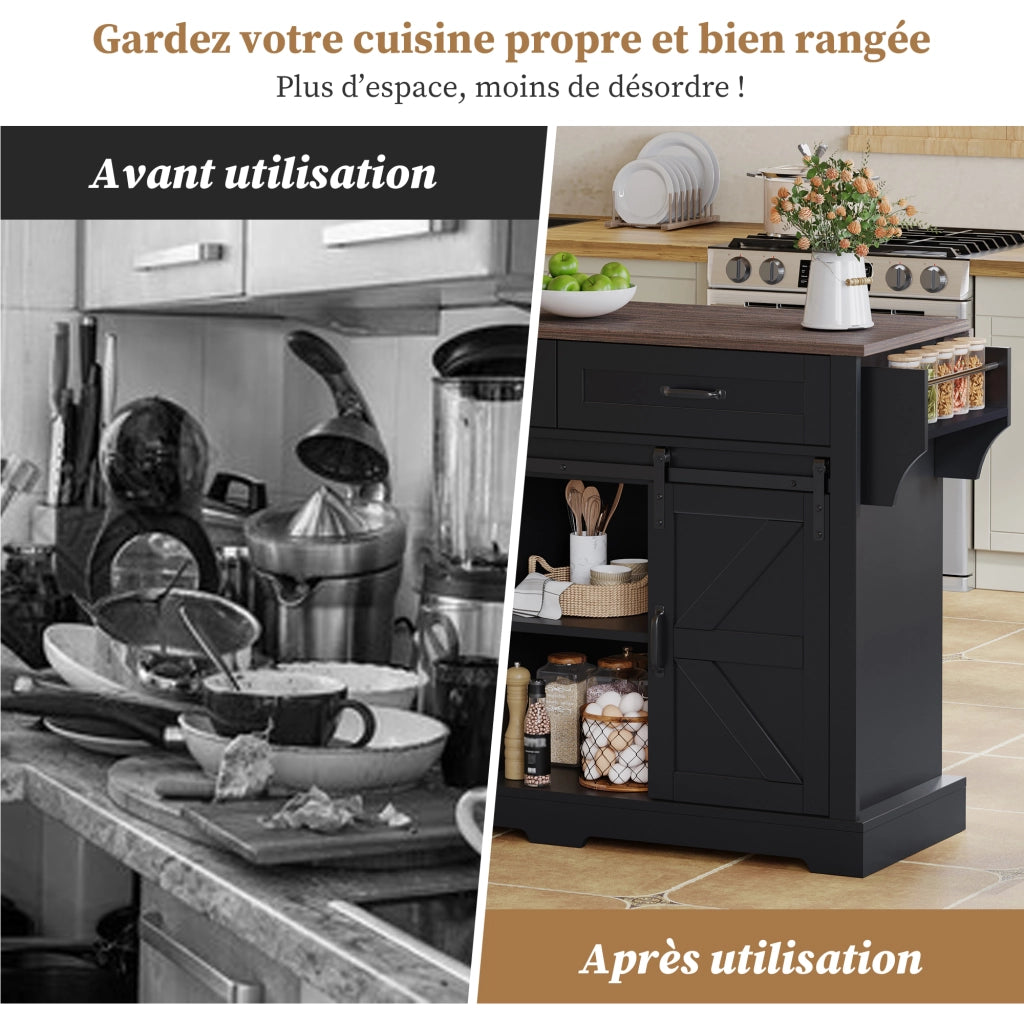 Carrello da Cucina con 2 Ante Scorrevoli; 2 Cassetti; Piano Ribaltabile e Ripiani Regolabili in MDF 120x45x91 cm Nero